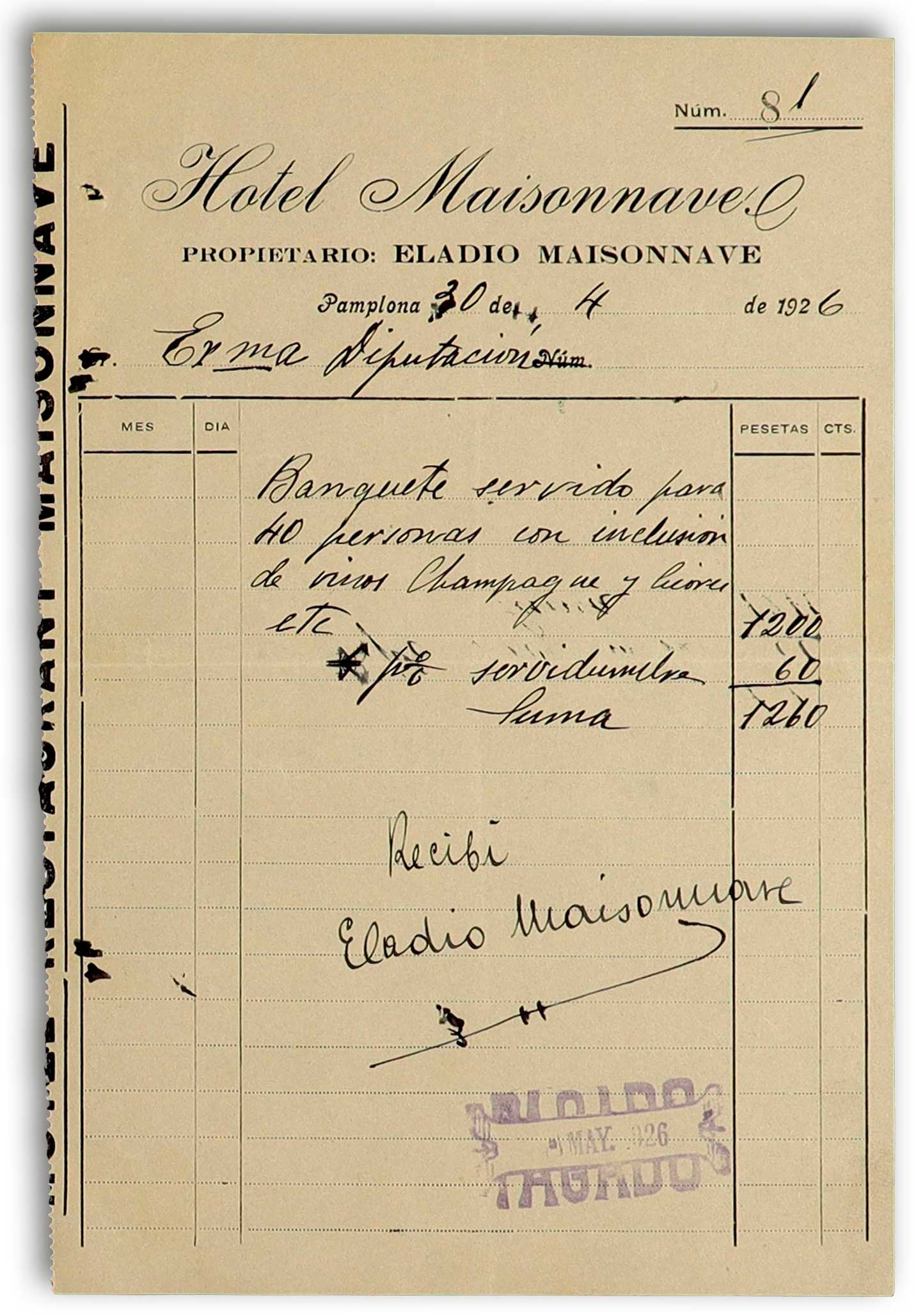 Recibo de pago al Hotel Maisonnave del banquete ofrecido por la Diputación Foral y Provincial de Navarra al capitán aviador Julio Ruiz de Alda el 27 de abril de 1926.