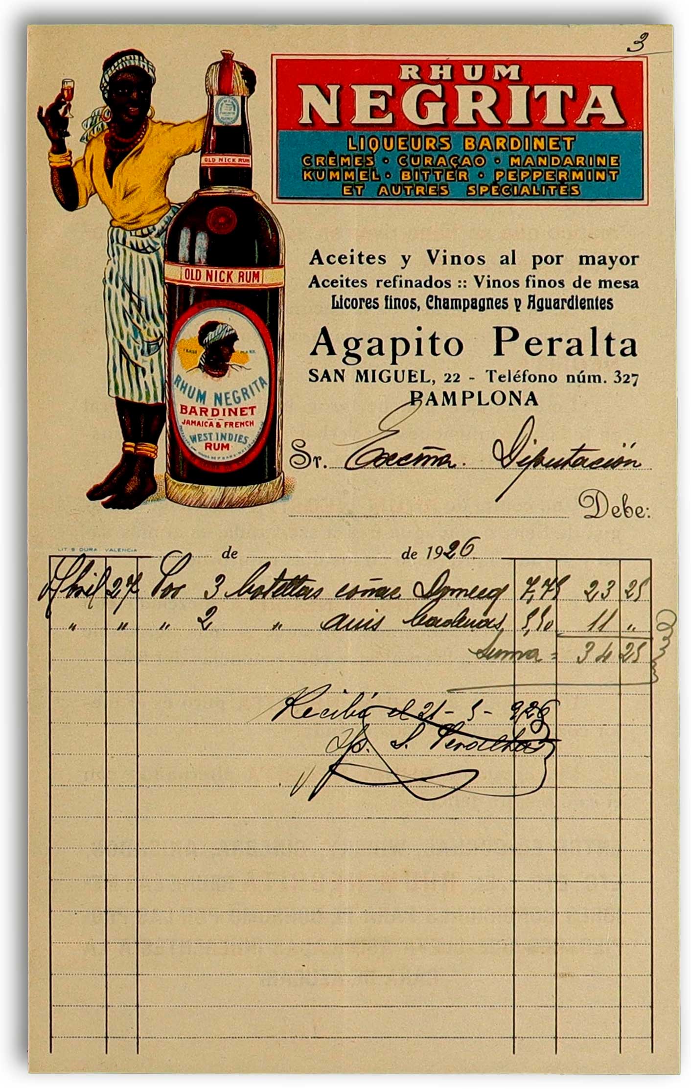 Recibo de pago a Agapito Peralta del coñac y el anís servido en el banquete ofrecido por la Diputación Foral y Provincial de Navarra al capitán aviador Julio Ruiz de Alda el 27 de abril de 1926.