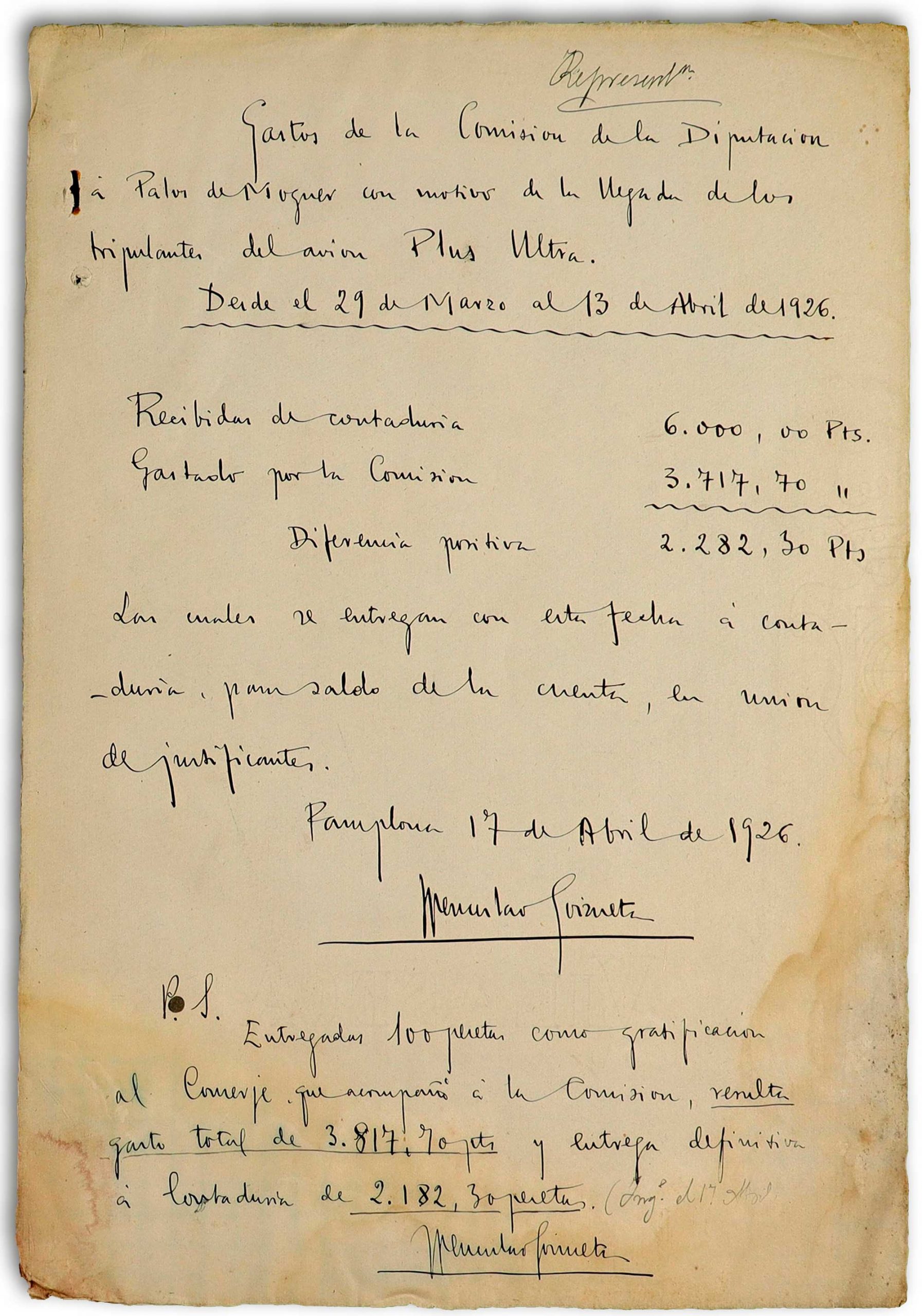 Cuenta justificada de los gastos de la comisión enviada por la Diputación Foral y Provincial de Navarra a Palos de la Frontera con motivo de la llegada de los tripulantes del Plus Ultra.