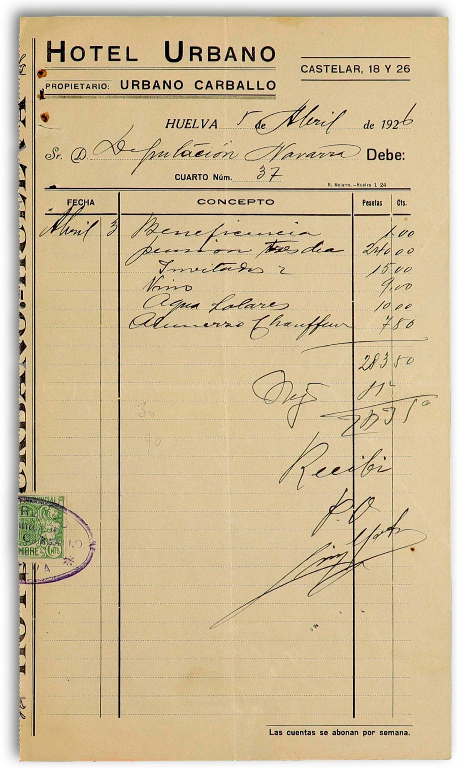 Recibo de pago al Hotel Urbano de Huelva de la estancia de los integrantes de la comisión enviada por la Diputación Foral y Provincial de Navarra a Palos de la Frontera con motivo de la llegada de los tripulantes del Plus Ultra.