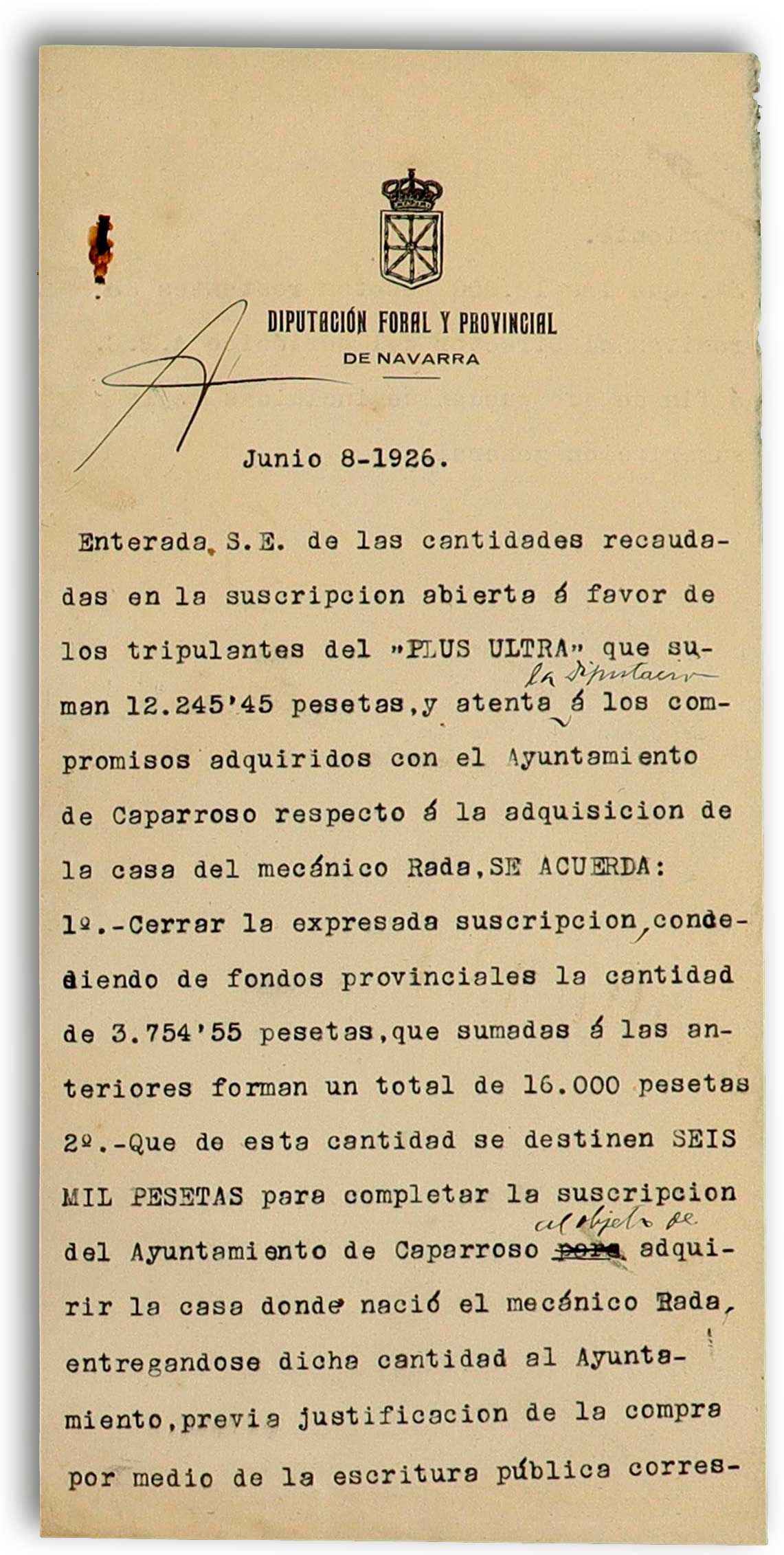 Acuerdo del pleno de la Diputación Foral y Provincial de Navarra dando destino a la cantidad recaudada en la suscripción provincial a favor de los Héroes del Plus Ultra.