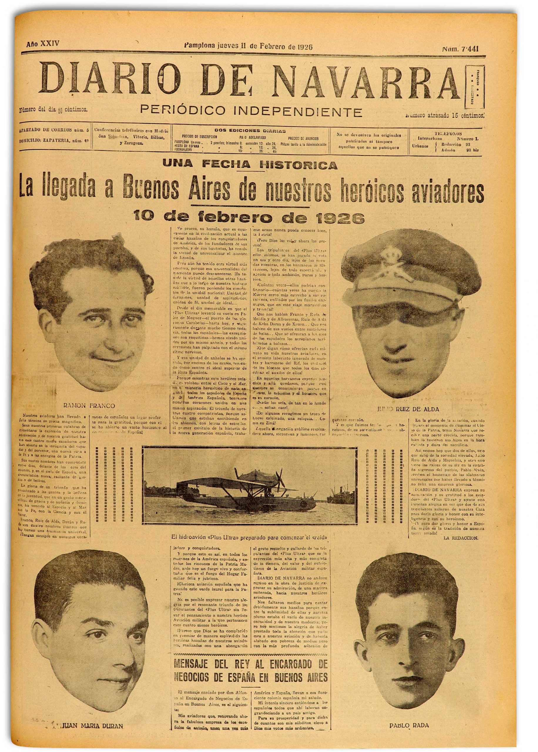 “La llegada a Buenos Aires de nuestros heroicos aviadores”. Edición de Diario de Navarra de 11 de febrero de 1926.