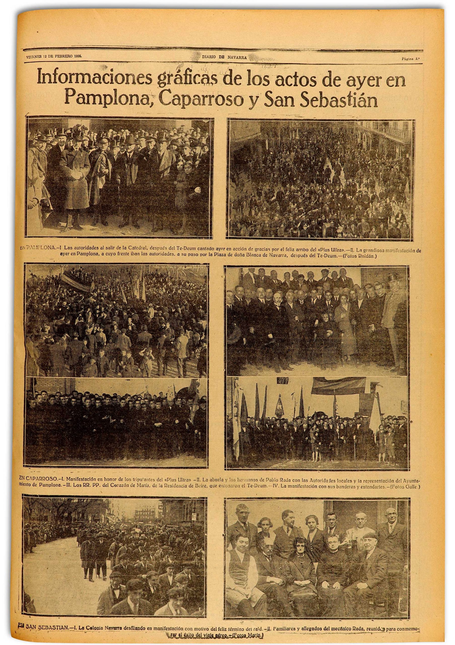 “Informaciones gráficas de los actos de ayer en Pamplona, Caparroso y San Sebastián”. Edición de Diario de Navarra de 12 de febrero de 1926.