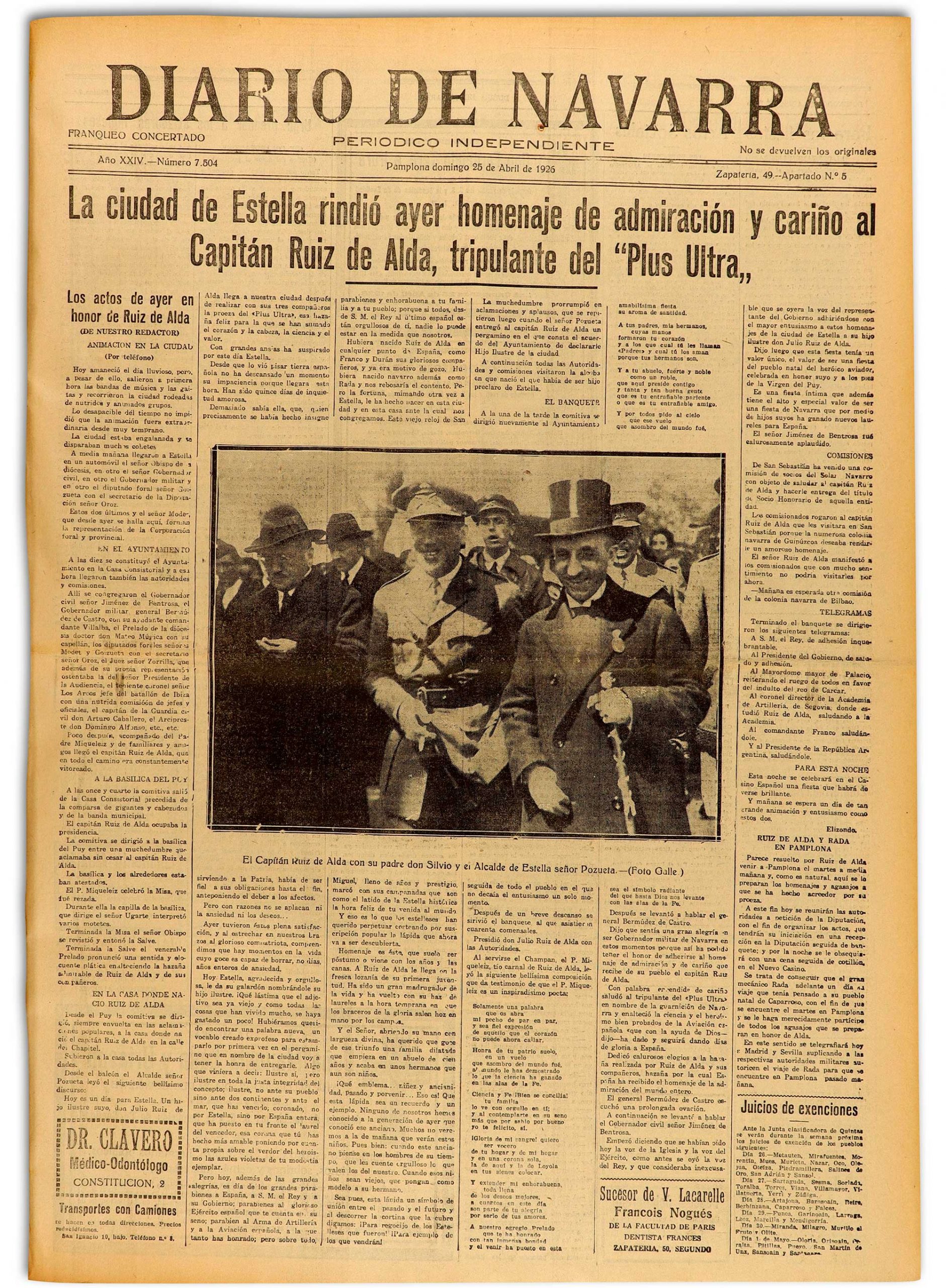 “La ciudad de Estella rindió ayer homenaje de admiración y cariño al capitán Ruiz de Alda, tripulante del Plus Ultra”. Edición de Diario de Navarra de 25 de abril de 1926.