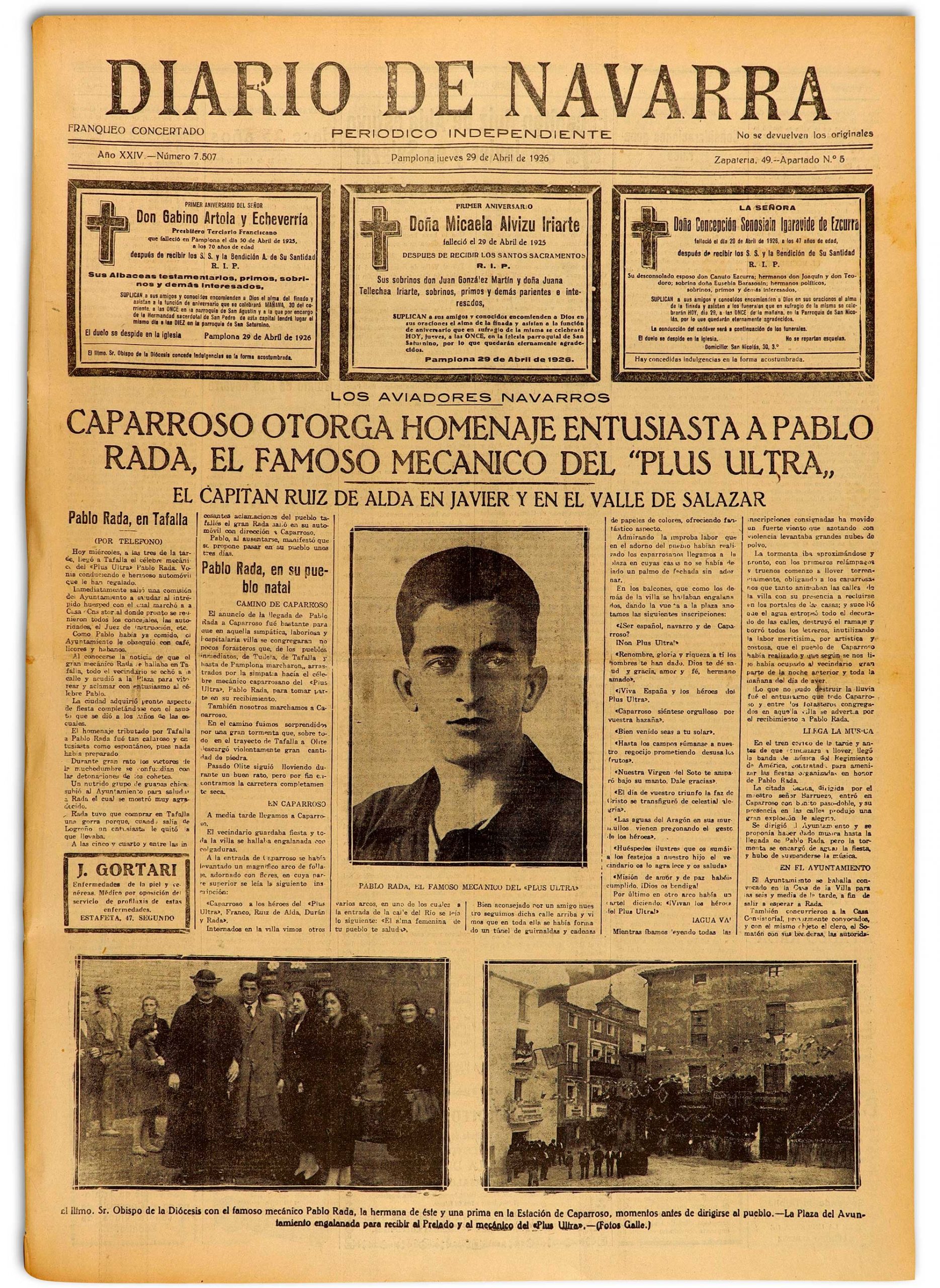 “Caparroso otorga homenaje entusiasta a Pablo Rada, el famoso mecánico del Plus Ultra”. Edición de Diario de Navarra de 29 de abril de 1926.