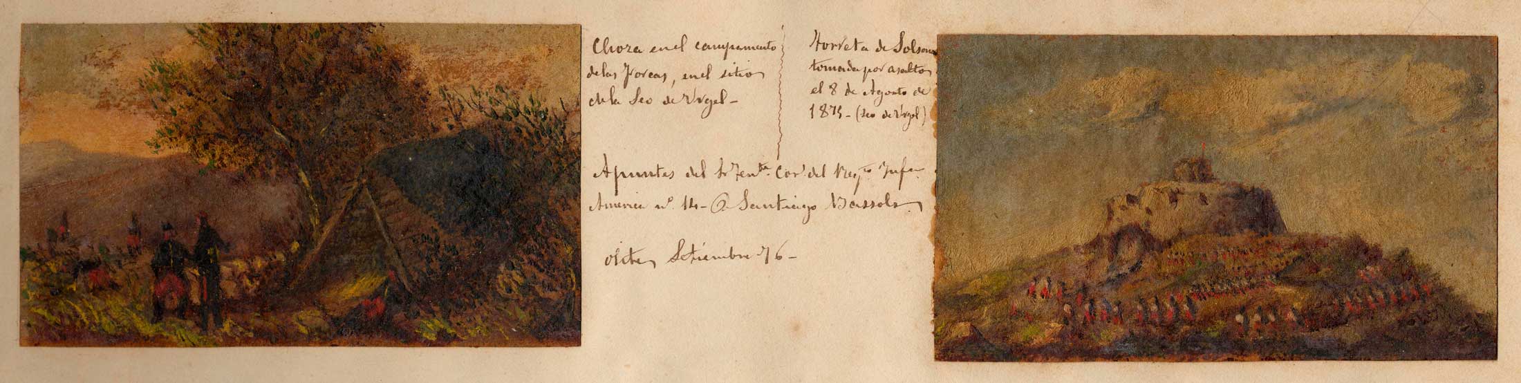 “Recuerdos de una Guerra Civil”. Óleos sobre el sitio de Seo de Urgel (Choza del Campamento de las Forcas y Torreta de Solsona). 