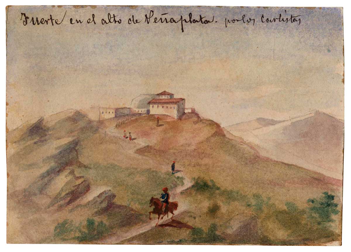 “Recuerdos de una Guerra Civil”. Acuarela “Fuerte en el Alto de Peña Plata por los carlistas”
