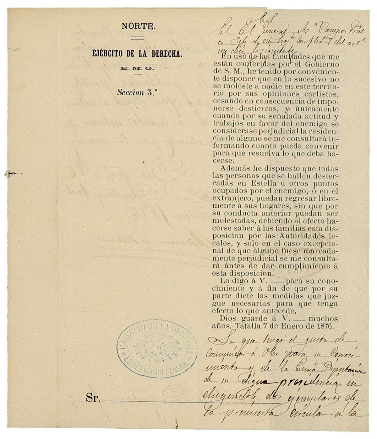Traslado de la orden circular de Arsenio Martínez Campos y Antón, general jefe del Ejército de la Derecha, de 7 de enero de 1876 disponiendo que no se moleste a nadie por sus opiniones carlistas y levantando el destierro de las personas residentes en Estella u otros puntos controlados por el carlismo, así como en el extranjero.