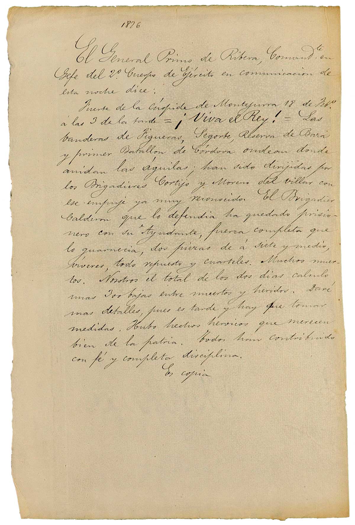 Copia de la comunicación de Fernando Primo de Rivera y Sobremonte, comandante en jefe del 2ª cuerpo del Ejército de la Derecha, dando cuenta de la ocupación del fuerte de la cima de Montejurra