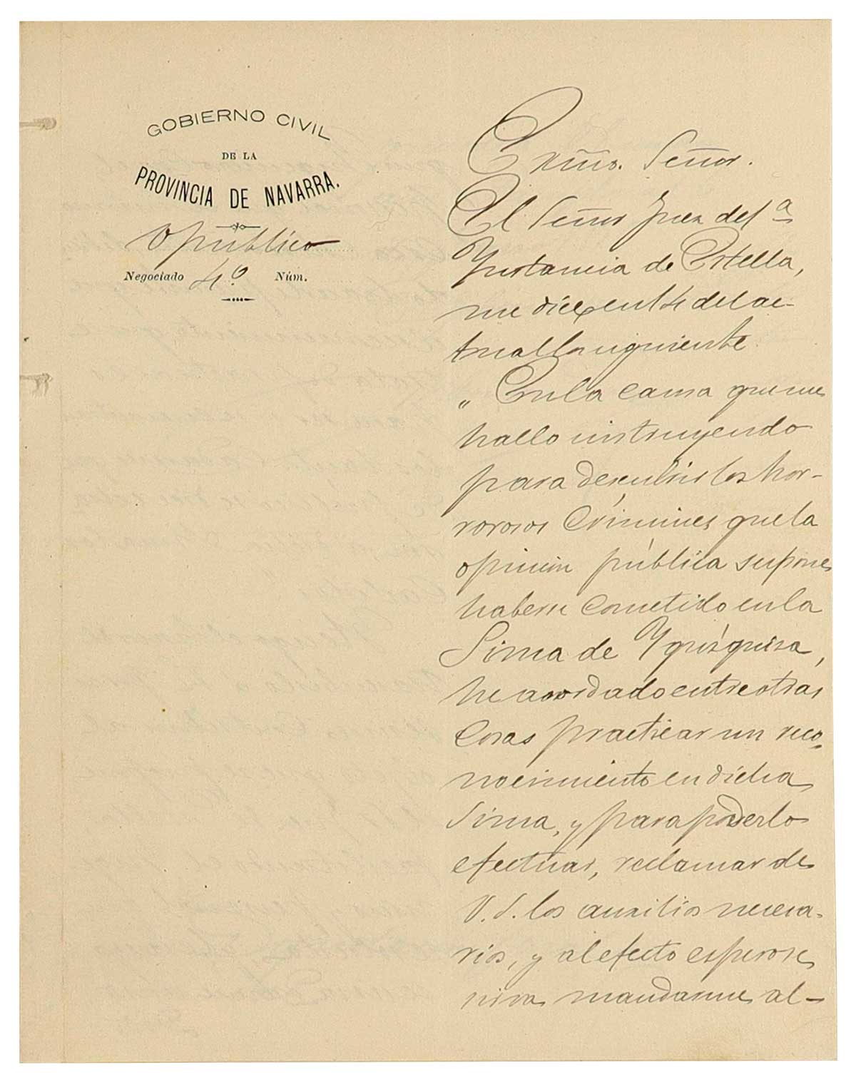 Oficio del gobernador civil de Navarra a la Diputación Foral y Provincial de Navarra solicitando que se preste al juez de 1ª Instancia de Estella el personal auxiliar necesario para el reconocimiento de la existencia de cadáveres en la Sima de Igúzquiza