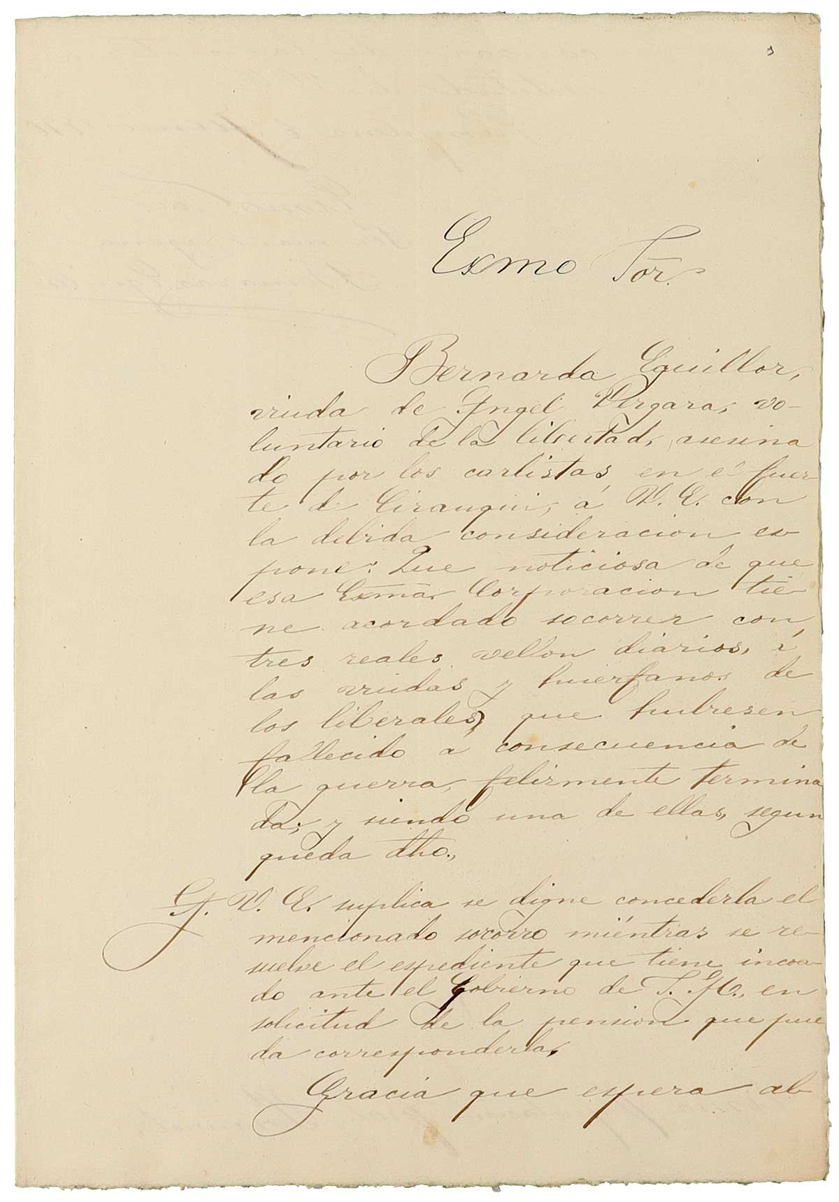 Instancia de Bernarda Eguillor, vecina de Cirauqui, dirigida a la Diputación Foral y Provincial de Navarra en solicitud de concesión de socorro ínterin se le concede pensión del Gobierno como viuda de Ángel Vergara, voluntario de la libertad fallecido en la guerra