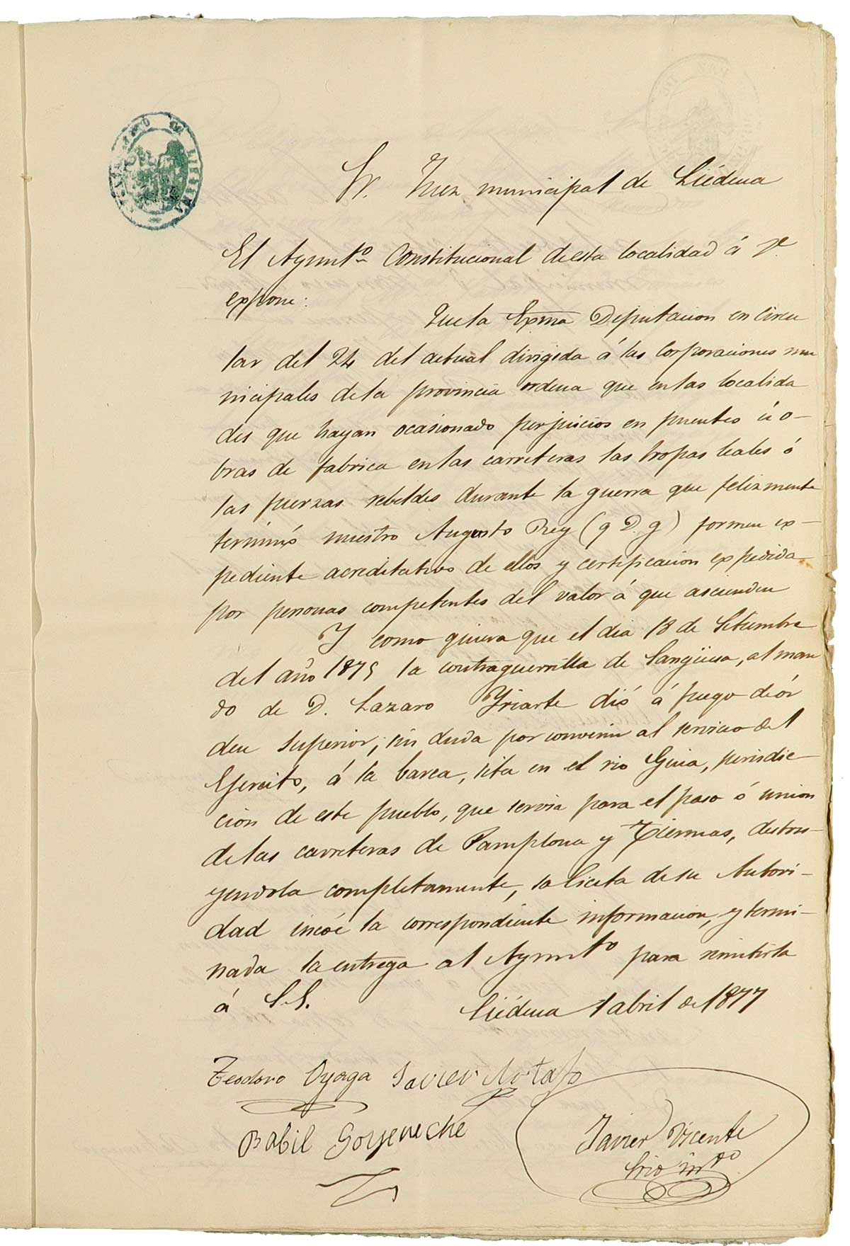 Solicitud del Ayuntamiento de Liédena al Juez Municipal para que incoe una información para solicitar indemnización por la quema de la barca del río Guía (río Irati) por la contraguerrilla de Sangüesa durante la guerra