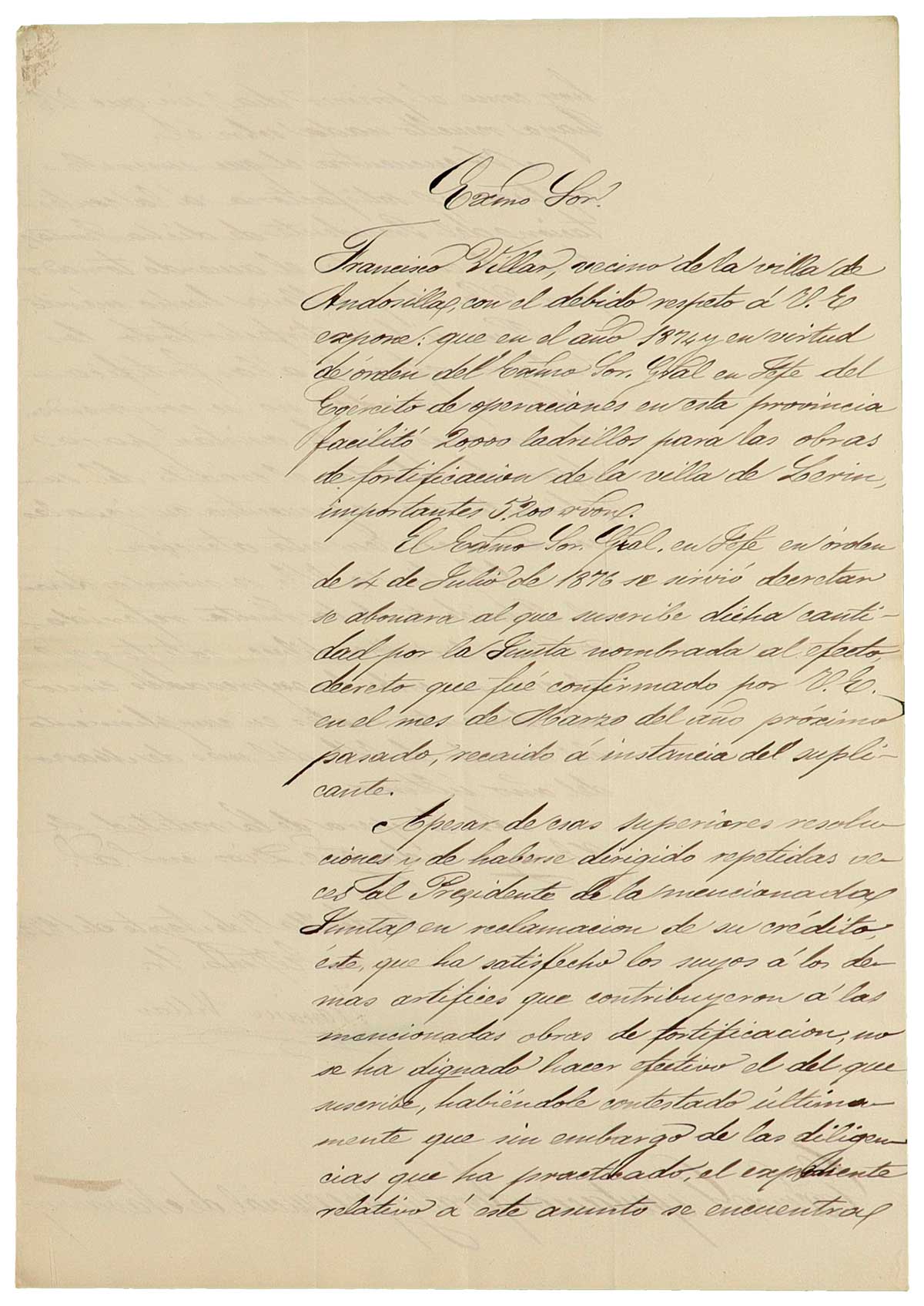 Instancia de Francisco Villar a la Diputación Foral y Provincial de Navarra reclamando el pago de los 20.000 ladrillos suministrados al Ejército para la fortificación de Lerín durante la guerra