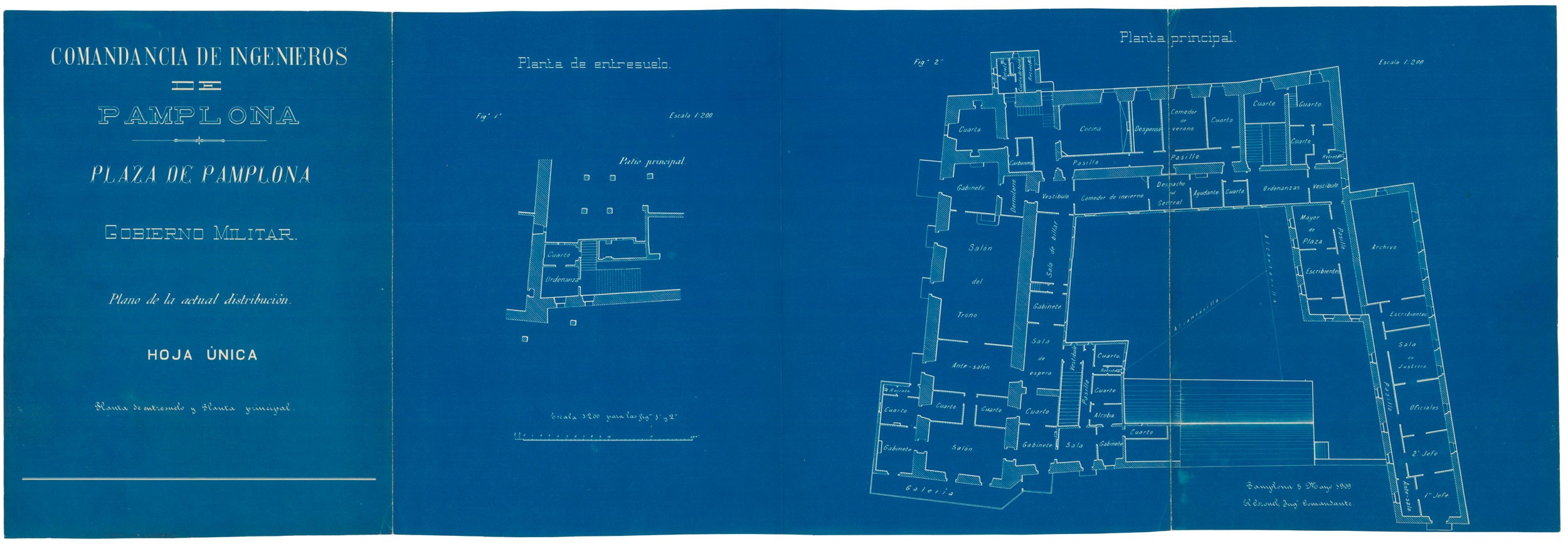 Plano de planta del entresuelo y planta principal del Gobierno Militar de la plaza de Pamplona. Pamplona, 5 de mayo de 1909.