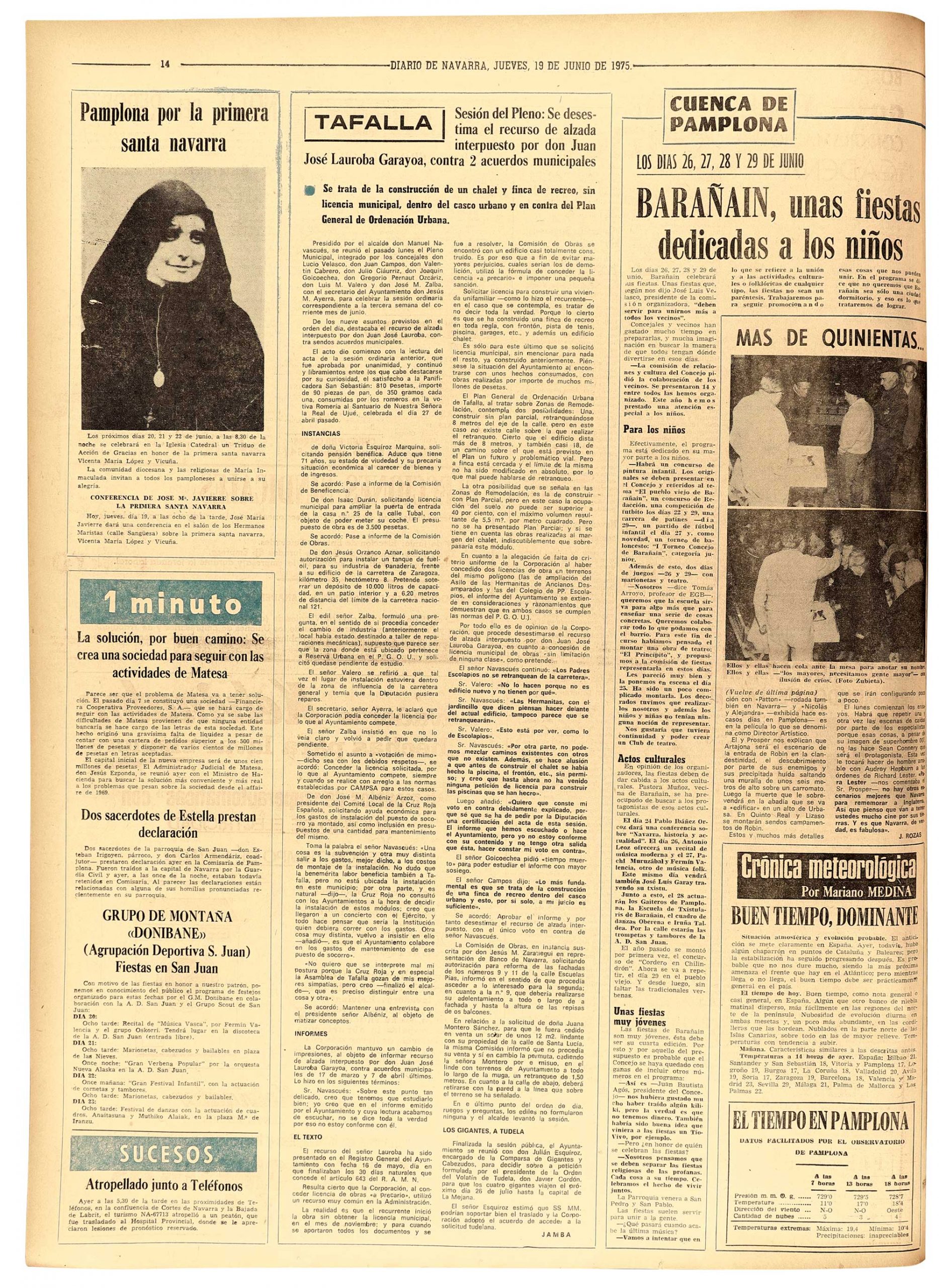 Noticia de prensa sobre la elección de extras para la película. Pamplona, 19 de junio de 1975