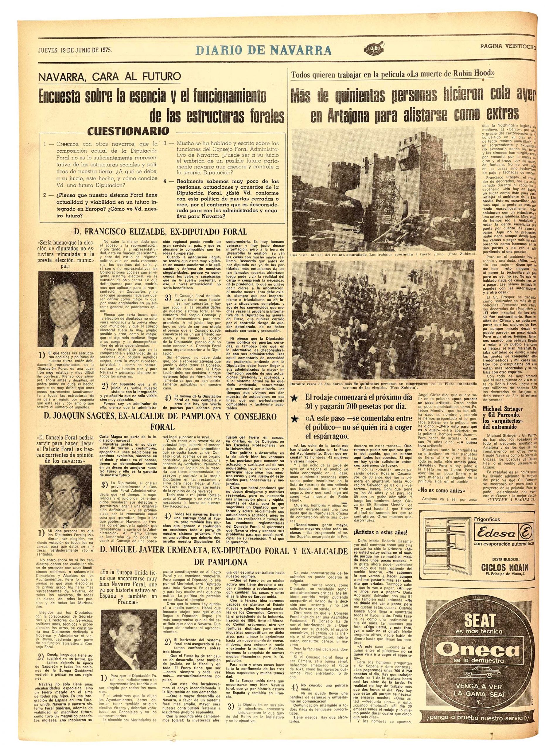 Noticia de prensa sobre el rodaje en la Sierra de Urbasa de algunas escenas de la película. Pamplona, 17 de julio de 1975