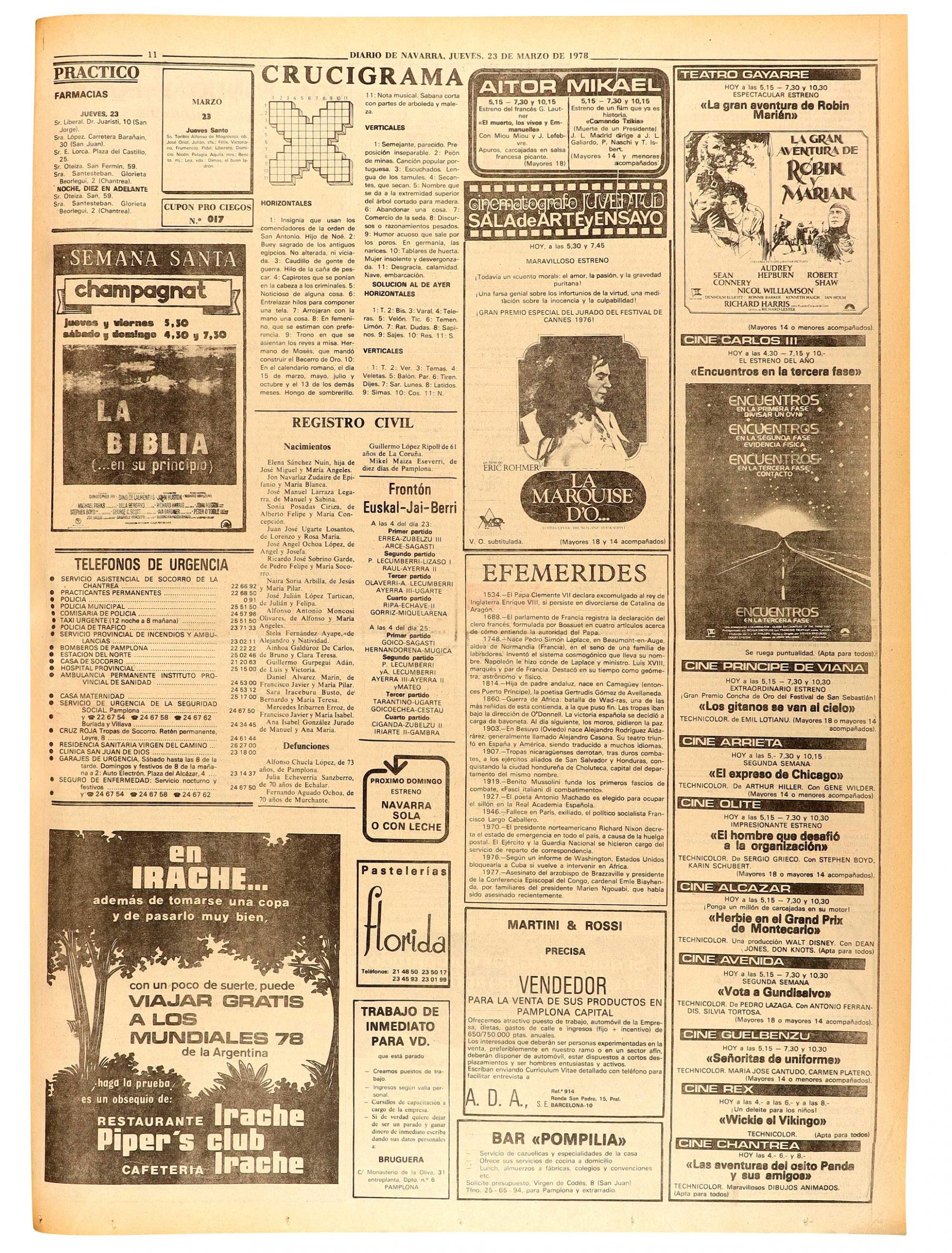 Anuncio sobre el estreno de la película. Pamplona, 23 de marzo de 1978