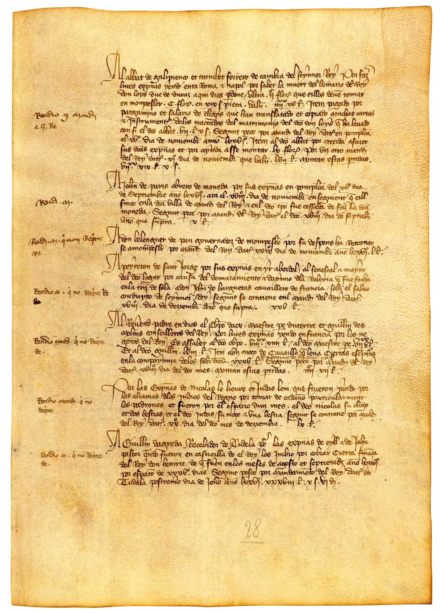 Envío de un emisario a Roma y Nápoles para cerciorarse de la muerte del infante Luis de Navarra, duque de Durazzo, hermano de Carlos II, rey de Navarra, y portar documentos legales sobre su matrimonio.