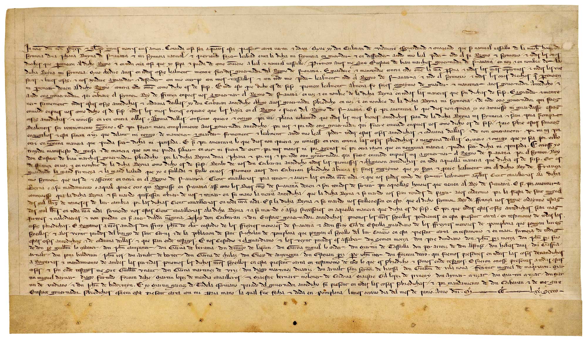 El caballero Corbarán de Vidaurre jura a la reina Juana I de Navarra en la persona del gobernador Eustaquio de Beaumarchais. Testigos los veinte jurados de los burgos francos. Pamplona, 8 de junio de 1276
