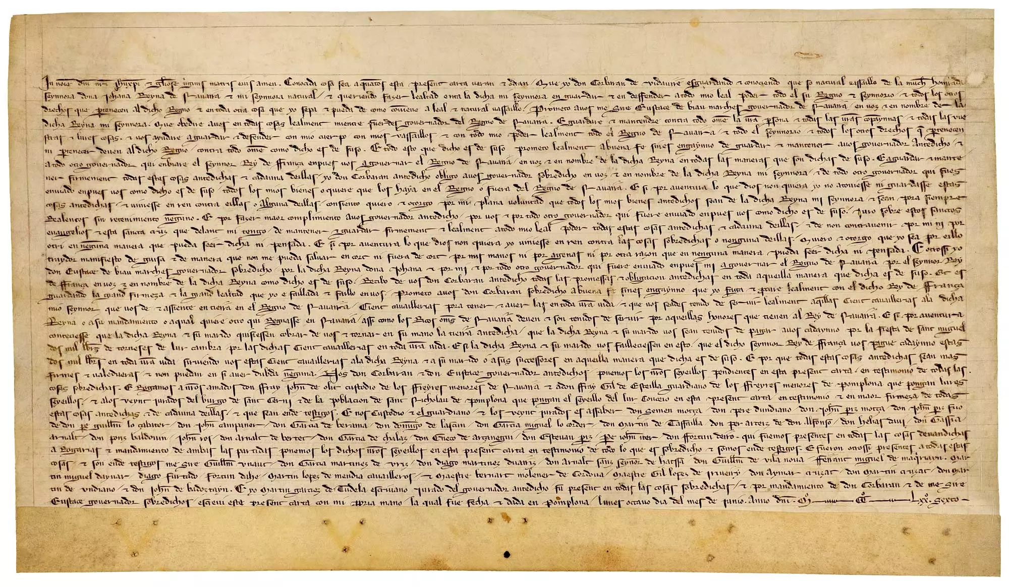 El caballero Corbarán de Vidaurre jura a la reina Juana I de Navarra en la persona del gobernador Eustaquio de Beaumarchais. Testigos los veinte jurados de los burgos francos. Pamplona, 8 de junio de 1276